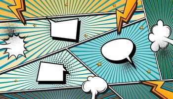 Blue and Green Comic Book Explosion with Pop Art Style, Halftone Dots, Speech Bubbles, and Dynamic Action Bursts with Set of Vibrant Comic Page Frames and blank Conversation Panels vector