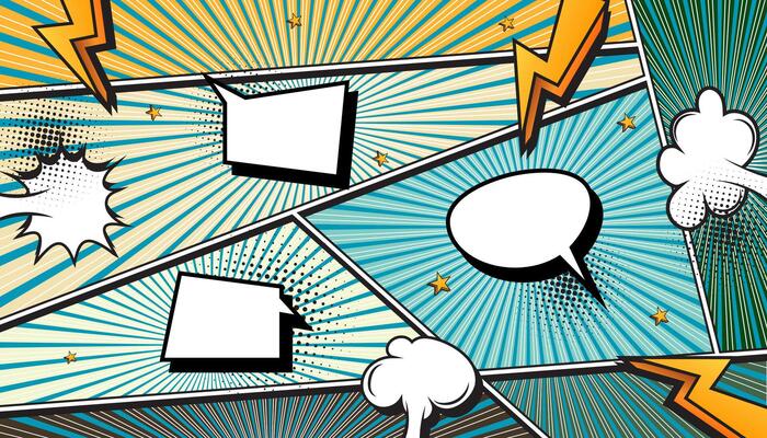 Blue and Green Comic Book Explosion with Pop Art Style, Halftone Dots, Speech Bubbles, and Dynamic Action Bursts with Set of Vibrant Comic Page Frames and blank Conversation Panels