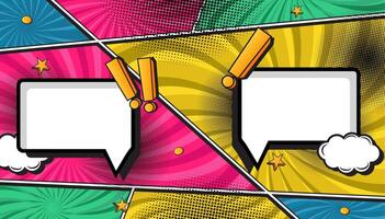 Yellow and Pink Comic Book Explosion with Pop Art Style, Halftone Dots, Speech Bubbles, and Dynamic Action Bursts with Set of Vibrant Comic Page Frames and blank Conversation Panels vector