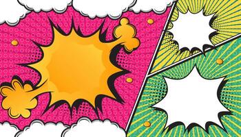 Colorful Pink and Green Retro Comic Book Explosion with Pop Art Style, Halftone Dots, Speech Bubbles, and Dynamic Action Bursts with Set of Vibrant Comic Page Frames and blank Conversation Panels vector
