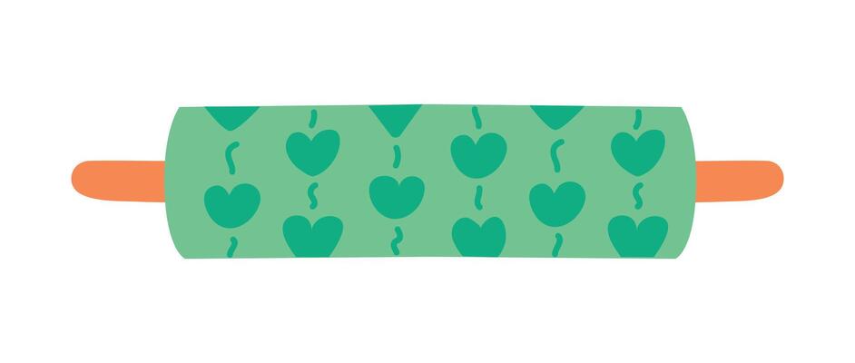 Patterned Rolling Pin with Hearts. Isolated textured kitchen Utensil for Cooking sweets. Green color. Baker or confectioner Elements for food preparation. Culinary Flat design. illustration.