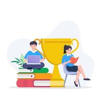 Group of students concept illustration. College or university students sitting on pile of books and using laptop. illustration in a flat style vector