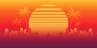 Retro sunset in 80s style. Retrowave, synthwave futuristic background Palm Trees vector
