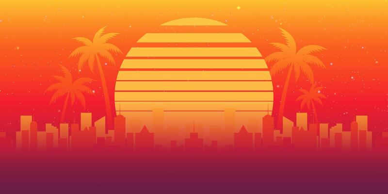 Retro sunset in 80s style. Retrowave, synthwave futuristic background Palm Trees