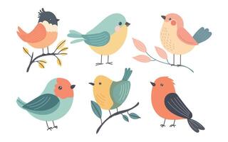 Cute cartoon birds perched on leafy branches with colorful feathers, playful poses, and soft pastel shades perfect for spring wildlife and nature illustrations vector