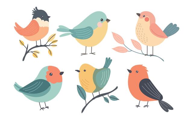 Cute cartoon birds perched on leafy branches with colorful feathers, playful poses, and soft pastel shades perfect for spring wildlife and nature illustrations