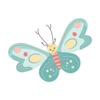 Whimsical butterfly with teal wings, red dots, and smiling face, ideal for spring bug illustrations, nature-themed prints, and cheerful flying insect designs vector