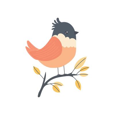 Cute cartoon bird perched on a yellow branch with orange feathers and soft autumn details, perfect for forest animal illustrations and seasonal decor themes