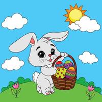 Easter bunny walking with a basket of eggs vector