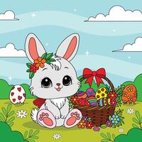 An easter bunny is sitting on grass with a basket of eggs vector