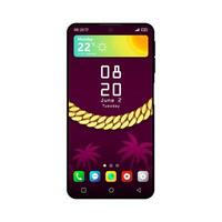Home screen smartphone interface template. Mobile operating system page black design layout. Search bar, forecast. Start screen with app icons, shotcuts. Flat UI for application. Phone display vector