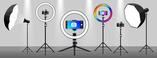 Blogger Recording With Camera. Equipment for making for blog, vlog review or online streaming. Studio lamp light ring, selfie photo camera stick vector