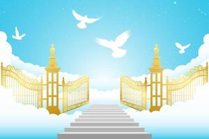 Entrance to paradise, open gate. Staircase leading to to the wrought iron gates.background with fluffy clouds. Stairs up vector