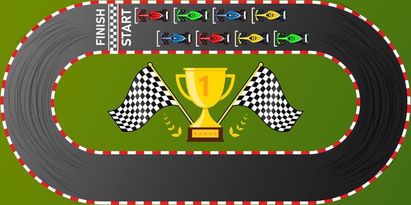 Circuit finish line Pro racing background top view illustration. Trophy Flags