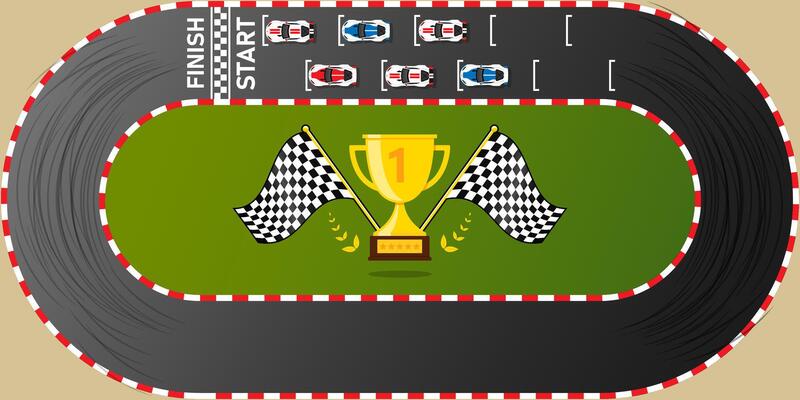 Circuit finish line Race car racing background top view illustration.Trophy flags Kart Car racing