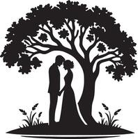 Silhouette of a bride and groom under a tree vector