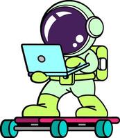 An astronaut on a skateboard with a laptop vector