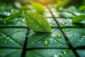 Fresh Green Leaf with Dew Drops on Geometric Patterned Surface - Nature's Harmony photo