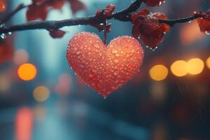 Romantic Raindrop-Covered Heart with Bokeh Background for Valentine's Day photo