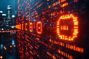 Digital Data Stream and Binary Code Display in High-Tech Urban Environment photo
