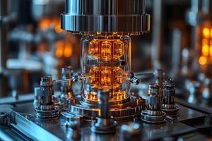 Futuristic Industrial Technology with Glowing Mechanical Components in a Laboratory Setting photo