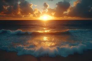 Golden Sunset Over Ocean Waves Serenity and Tranquility for Poster Design photo