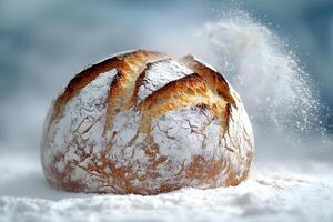 Rustic Artisan Bread Loaf with Flour Dusting on a Floured Surface photo