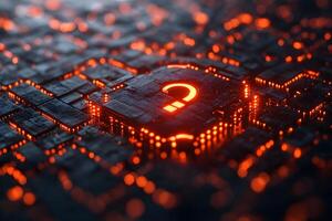 Futuristic Digital Circuit with Glowing Question Mark - Technology Concept for Innovation photo