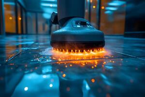 Robotic Floor Cleaner in Action Nighttime Cleaning Technology for Gleaming Surfaces photo