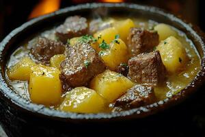 Hearty Stew with Tender Beef Chunks and Potatoes in Rustic Setting for Cozy Comfort Food Concept photo