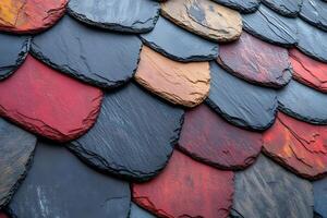 Colorful Slate Roof Shingles in Overlapping Pattern - Architectural Texture Design photo