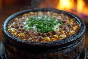 Savory Korean Soft Tofu Stew with Vegetables in Rustic Stone Bowl photo