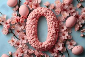 Springtime Pink Floral Zero Design with Decorative Eggs and Cherry Blossoms photo