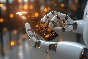 Futuristic AI Technology Concept Humanoid Robot Using Smartphone for Data Interaction photo