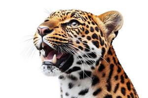 Leopard Portrait with Open Mouth on White Background for Wildlife Art and Conservation Themes photo
