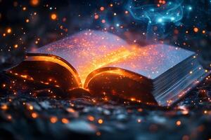 Magical Enchanted Book among Glowing Sparks and Mystical Lights - Fantasy Inspiration for Creative Design photo