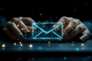 Digital Email Communication Concept with Futuristic Neon Envelope Design for Technology and Business photo