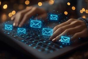 Digital Communication Concept with Email Icons Over Computer Keyboard photo