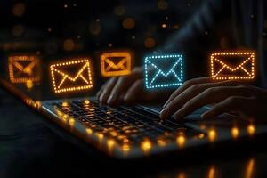Digital Communication Concept Illuminated Email Icons and Typing Hands for Business and Technology Design photo