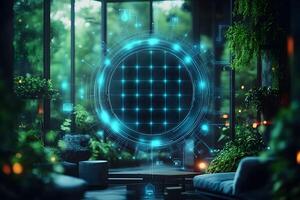 Futuristic Digital Interface in Modern Greenhouse Setting for Eco-Tech Designs photo