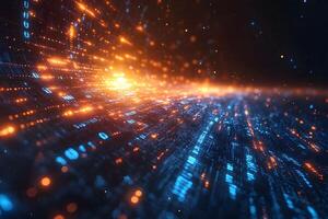 Futuristic Digital Data Stream with Glowing Orange and Blue Light Patterns photo