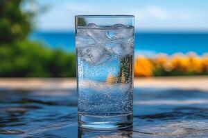 Refreshing Summer Drink Concept with Sparkling Water by the Ocean for Beverage Advertising photo