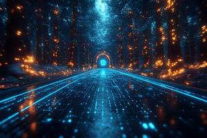 Futuristic Sci-Fi Forest Portal with Digital Lights and Neon Pathway photo