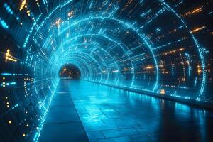Futuristic Neon Tunnel with Illuminated Pathway for Sci-Fi Design and Visual Effects photo