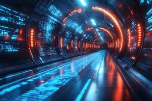 Futuristic Digital Tunnel with Neon Lights and Binary Code Design photo