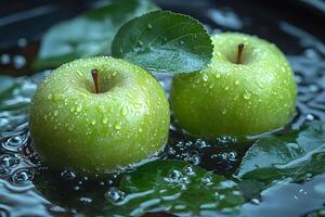 Fresh Green Apples with Water Droplets Floating on Leaf-Lined Surface for Nature-Themed Design photo