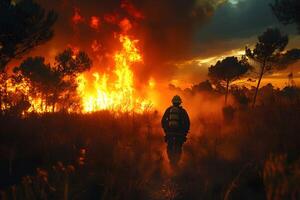 Firefighter Battling Intense Forest Fire at Sunset - Emergency Response and Natural Disaster Theme photo