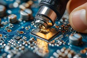 Advanced Technology Circuit Board Soldering and Microchip Connection in Electronics photo