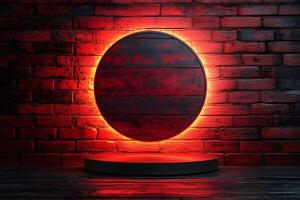 Futuristic Minimalist Display Podium with Glowing Red Backdrop for Product Showcase photo