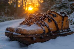 Winter Adventure Snow-Covered Boots at Sunrise in a Forest Setting photo